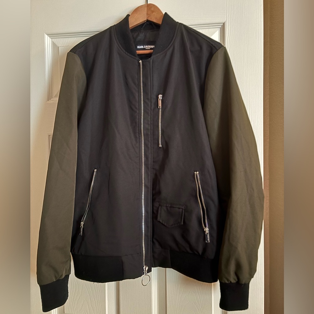 * Karl Lagerfeld Black and Olive Bomber Jacket Sz M *